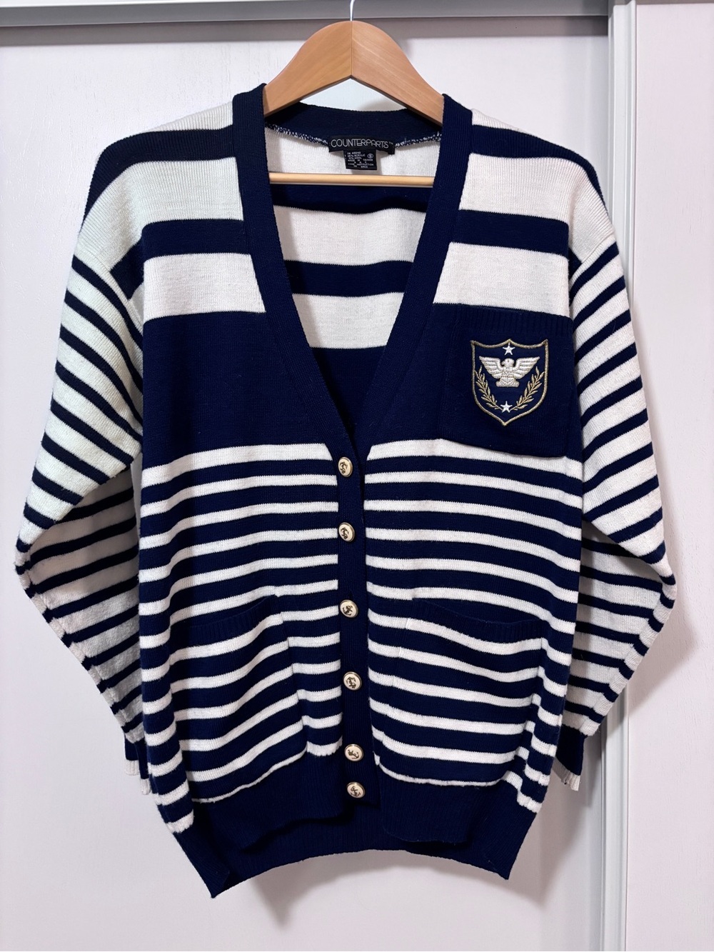 Vintage Nautical Cardigan Size Small Military Stripes Wool Crest Pockets Relaxed
